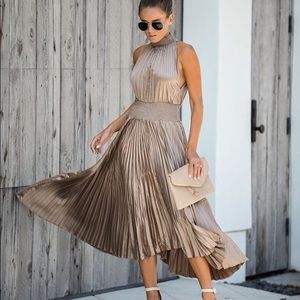Pleated Satin Smocked Midi Dress - Small